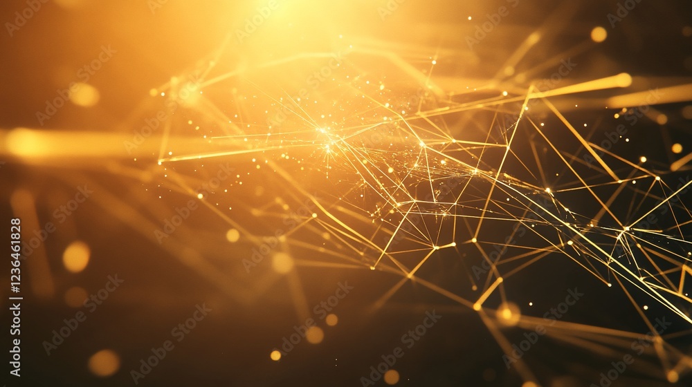 Poster abstract golden network with glowing light points interconnected on dark background