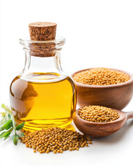 Fresh canola oil in glass bottle with mustard seeds in wooden bowls. vibrant oil showcases its rich color, surrounded by natural elements, evoking sense of freshness and health