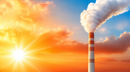 Obraz premium A tall industrial chimney is releasing thick white smoke into the atmosphere during a stunning sunset. The colorful sky features shades of orange and blue with fluffy clouds