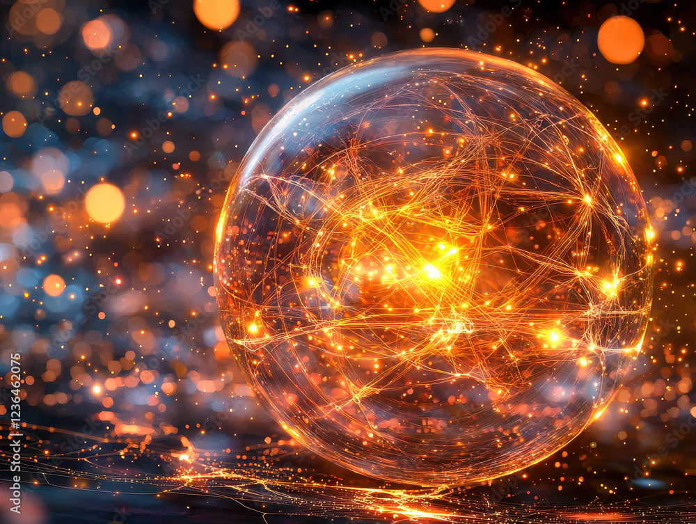 Poster floating sphere represents quantum superposition with entangled filaments against a cosmic backdrop 