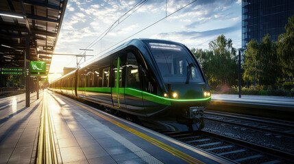 Naklejka premium modern train at station during sunset, showcasing sustainable transportation