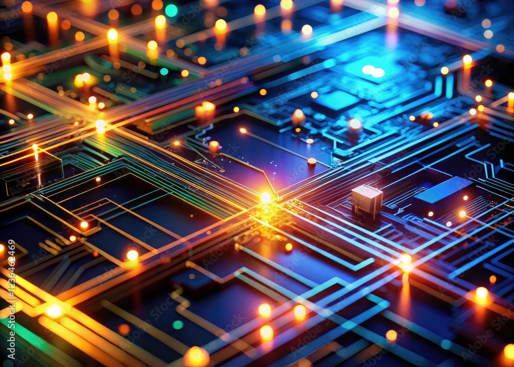 Poster abstract tech art: futuristic circuit board, glowing lines, bokeh effects create a stunning visual.