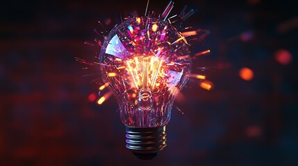 An electric bulb disintegrating mid-air, colorful lights pouring out like a radiant explosion, with fine glass shards reflecting the glow in every direction.