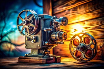 Obraz premium Vintage Movie Projector on Rustic Wooden Stand