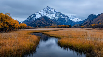 Fototapeta premium Autumnal mountain stream, golden meadow, snowy peak background