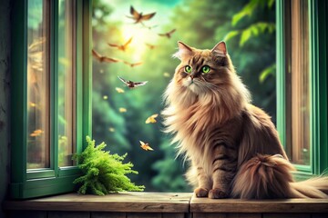 Vintage Persian Cat Watches Birds Through High Window