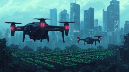 Futuristic Drones Flying Over Urban Farming in Sci-Fi Landscape
