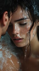 Couple close together with water on skin, indoor, for sensual, romantic expression.
