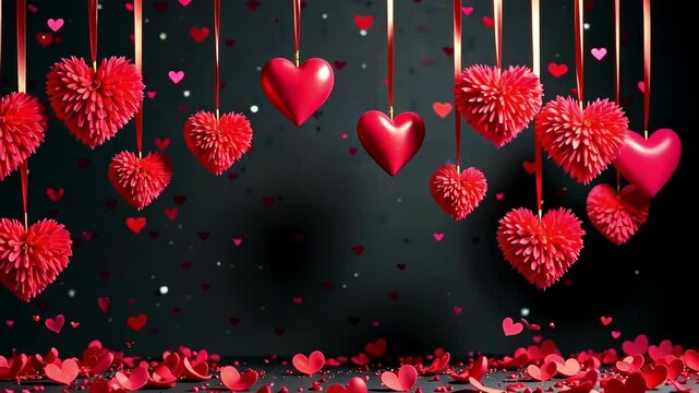 A black background with red hearts hanging from the ceiling. The hearts are arranged in a way that they are all facing the same direction. The scene is meant to evoke feelings of love and warmth