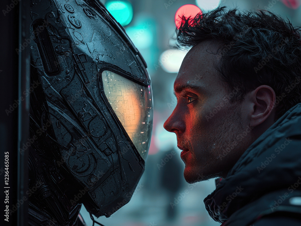 Poster deep conversation between human and ai hologram in a futuristic cyber environment depicting intellec