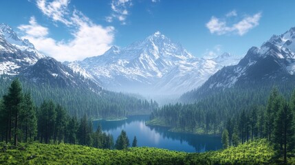 A serene view of towering snow-capped mountains, crisp blue water in the center of a lush valley and dense evergreen forests surrounding.