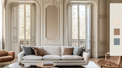 Elegant Living Room Interior with Neutral Color Palette and Classic Architectural Details