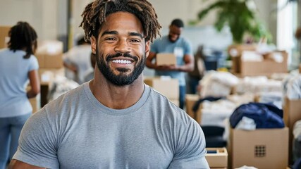 The Heart of Giving: A man with a warm smile and a kind face radiates positivity and generosity amidst a busy donation center.  He embodies the spirit of community and volunteerism.