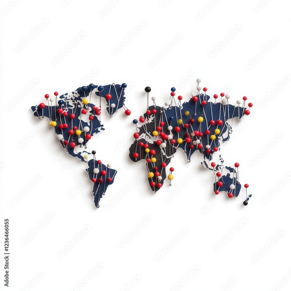 Poster colorful world map with push pins and strings design