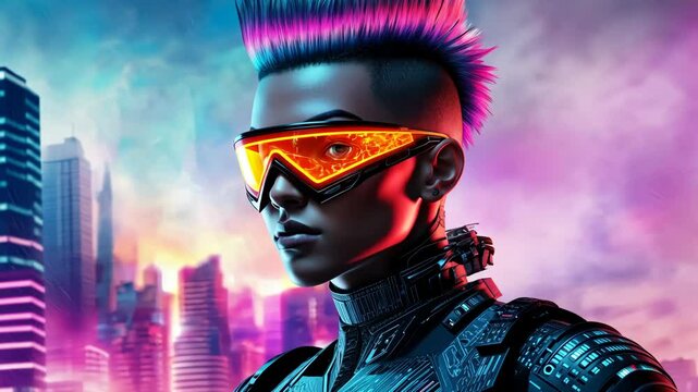 Cyberpunk Cyberpunk  Warrior: A futuristic cyberpunk warrior with glowing cybernetic eyes and a mohawk of vibrant pink and blue hair stands defiant against the backdrop of a neon-lit cityscape.