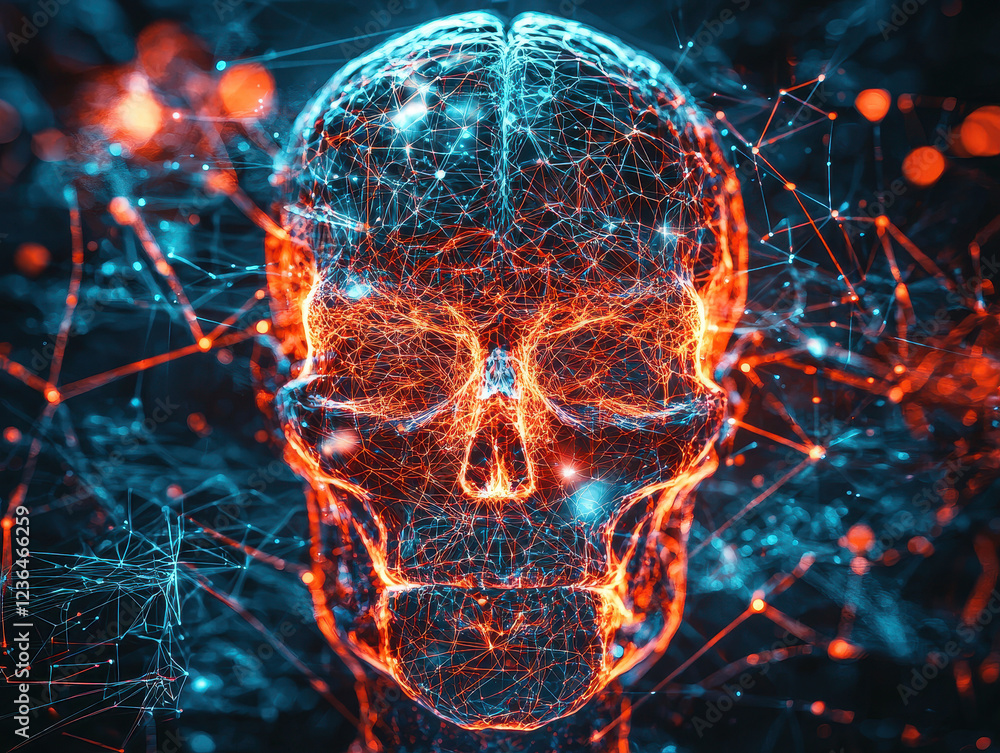 Poster humanoid ai with transparent skull showcases synthetic brain network in a futuristic setting