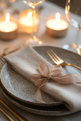 Romantic dinner setting with candlelight, delicate napkin and gold cutlery.