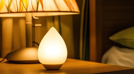 Illuminated teardrop lamp sits on a bedside table