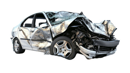 Wrecked car showing extensive damage after crash with transparent background