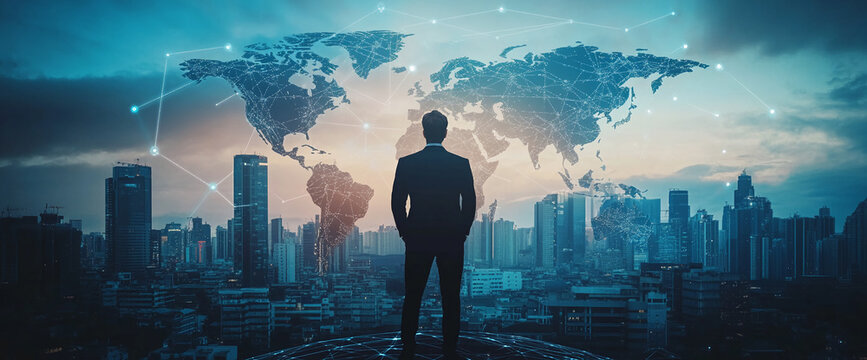 Businessman standing in front of a futuristic digital world map, symbolizing global connectivity, innovation, and technology in the modern business landscape.