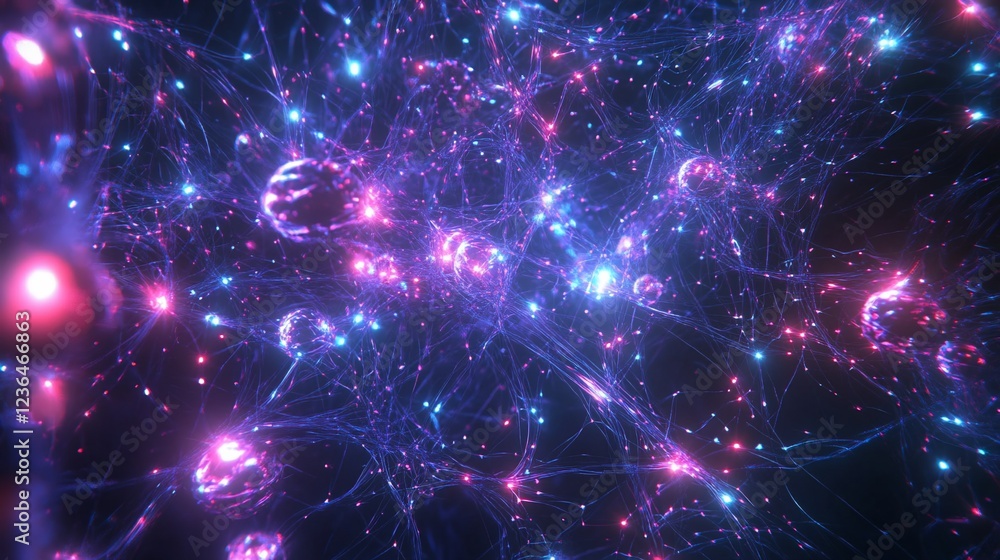 Poster abstract glowing network of connected spheres and lines in dark space