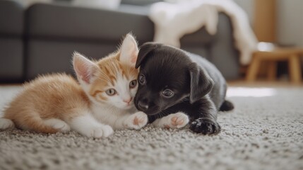 Cute Kittens and Puppies Playing Together in a Cozy Indoor Setting: Showcasing Joyful Interactions and Adorable Playful Moments for Pet Lovers