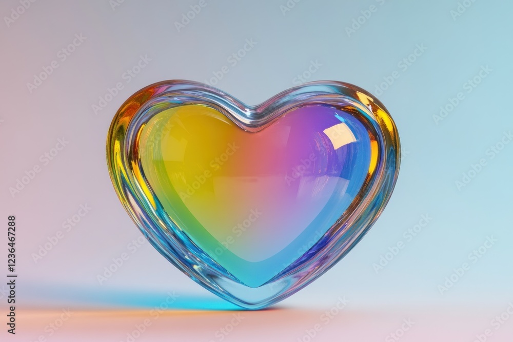 Aufkleber vibrant heart-shaped glass object with colorful gradient reflection on soft background