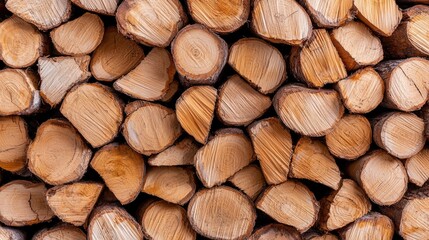 Stacked firewood logs, outdoor storage, winter background, fuel