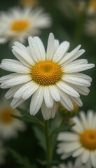 Fototapeta premium Close-up of delicate white daisies with yellow centers and water droplets glistening on their petals
