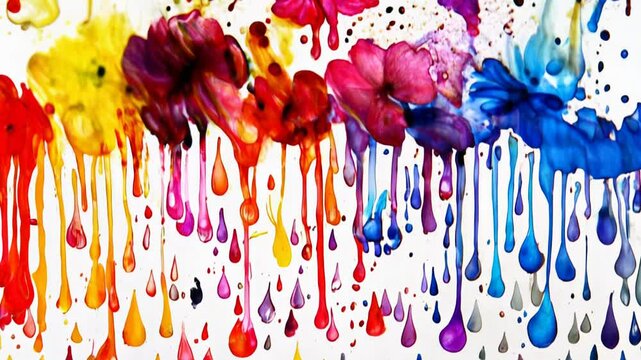 A series of colorful paint drips form a dynamic and visually artistic expression on a clean, white canvas