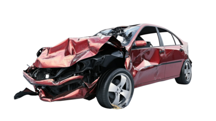 Red wrecked car showing extensive damage after crash on transparent background