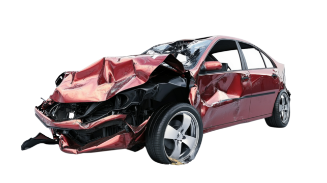 Red wrecked car showing extensive damage after crash on transparent background - Powered by Adobe