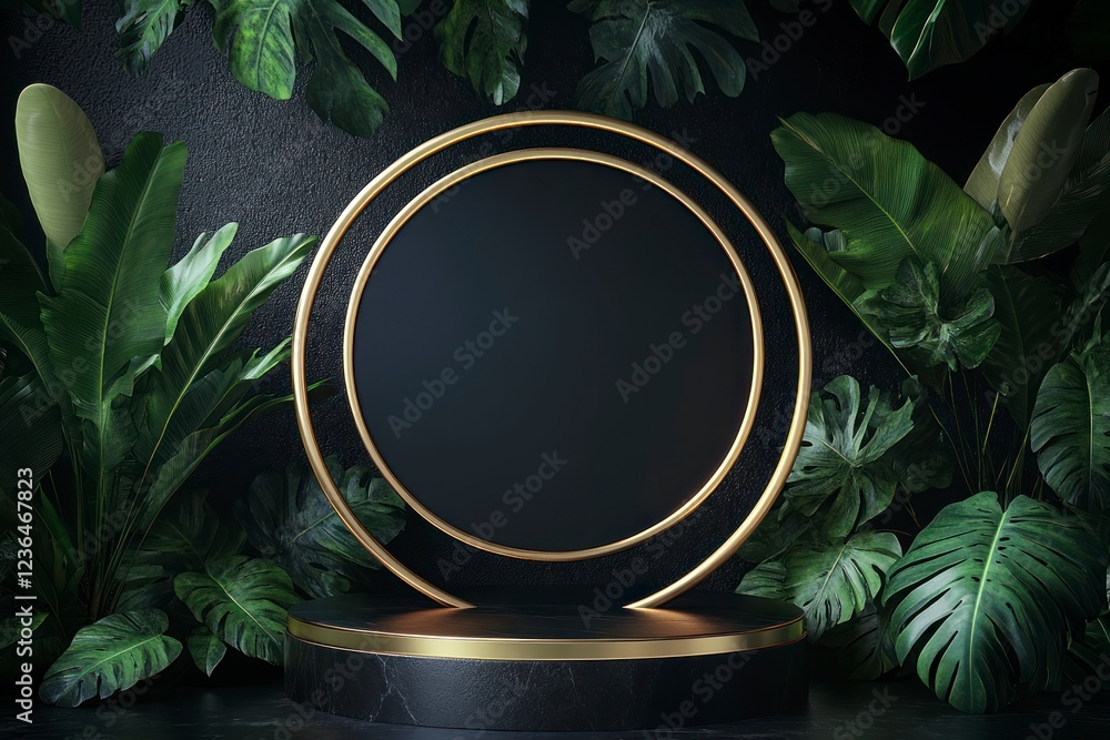 Poster 3d rendering of a luxury black podium with a golden circle and tropical leaves background for produc