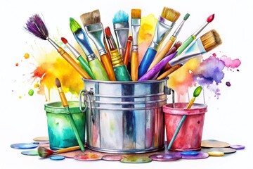 Fototapeta premium Watercolor Painting of Art Supplies: Paint Bucket, Brushes, and Paint Tubes