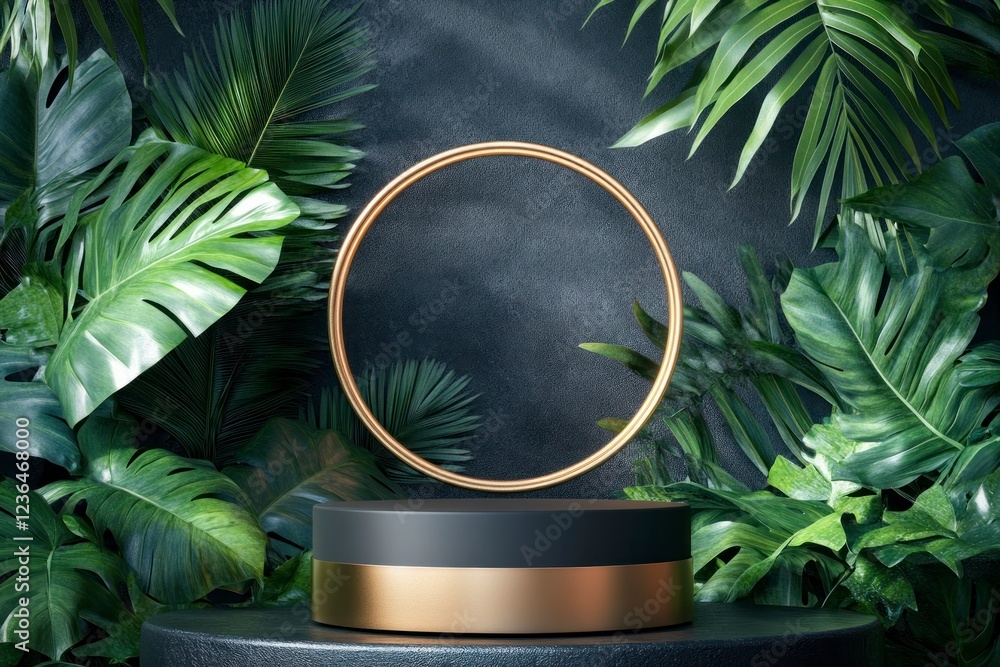 Poster 3d rendering of a luxury black podium with a golden circle and tropical leaves background for produc