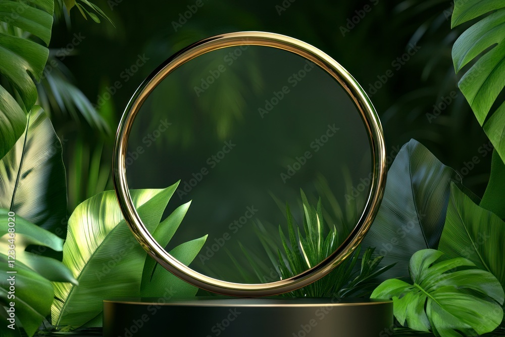Poster 3d rendering of a luxury black podium with a golden circle and tropical leaves background for produc