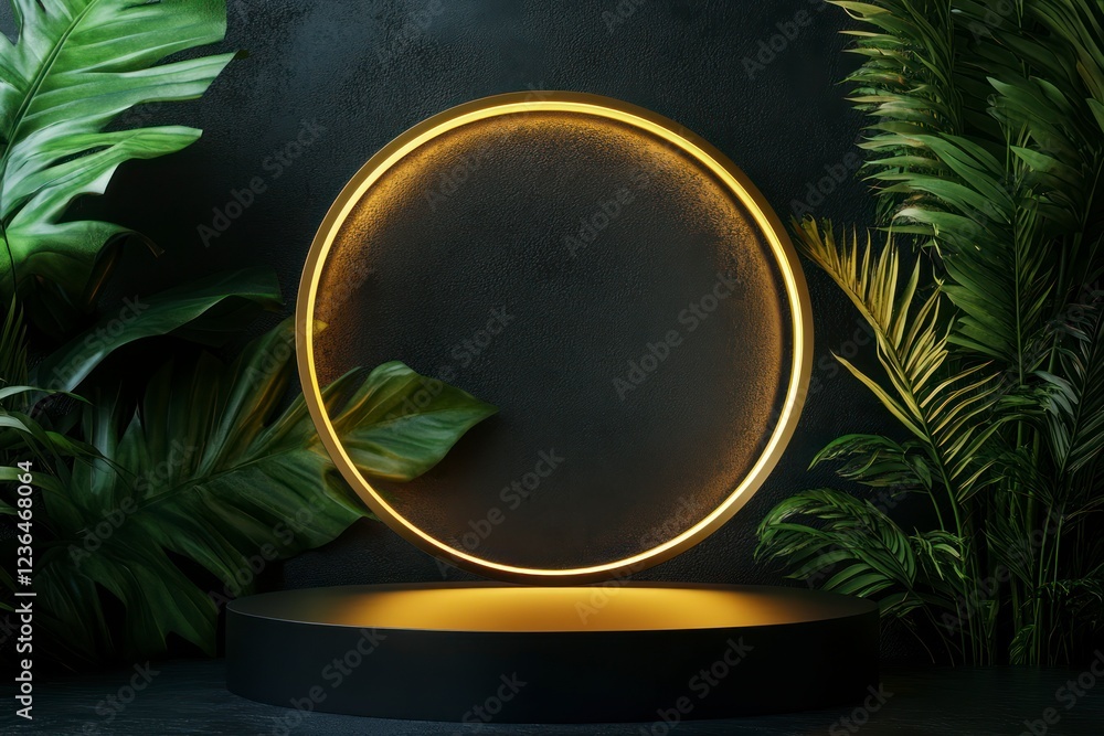 Poster 3d rendering of a luxury black podium with a golden circle and tropical leaves background for produc