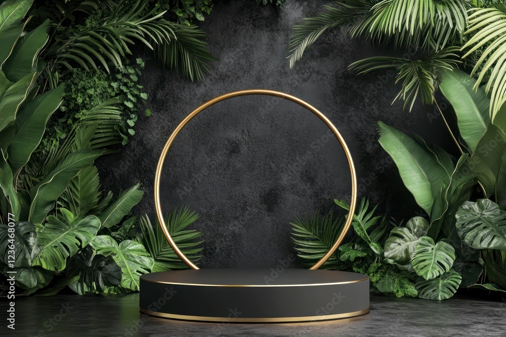 Poster 3d rendering of a luxury black podium with a golden circle and tropical leaves background for produc