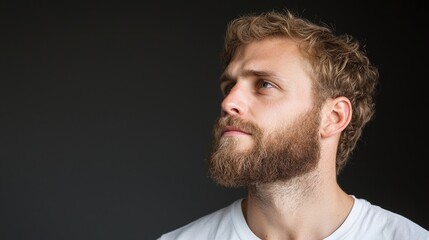Obraz premium Pensive man, thoughtful gaze, dark background, studio portrait, website profile