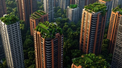 Urban Greenery on Rooftops of Modern Skyscrapers Surrounded by Nature