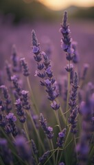 Fototapeta premium Lavender field at sunset with purple blooms swaying gently in the breeze against a backdrop of distant mountains