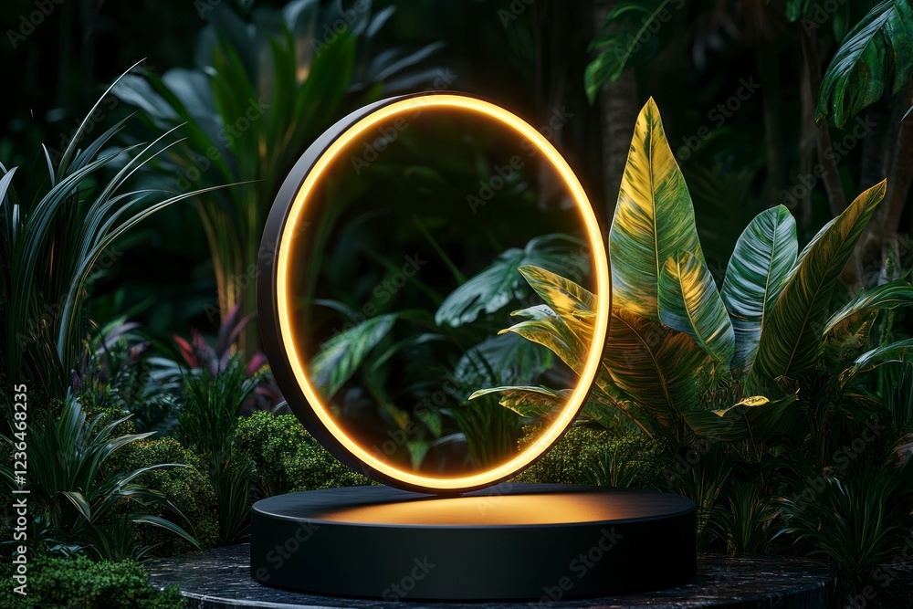 Poster 3d rendering of a luxury black podium with a golden circle and tropical leaves background for produc