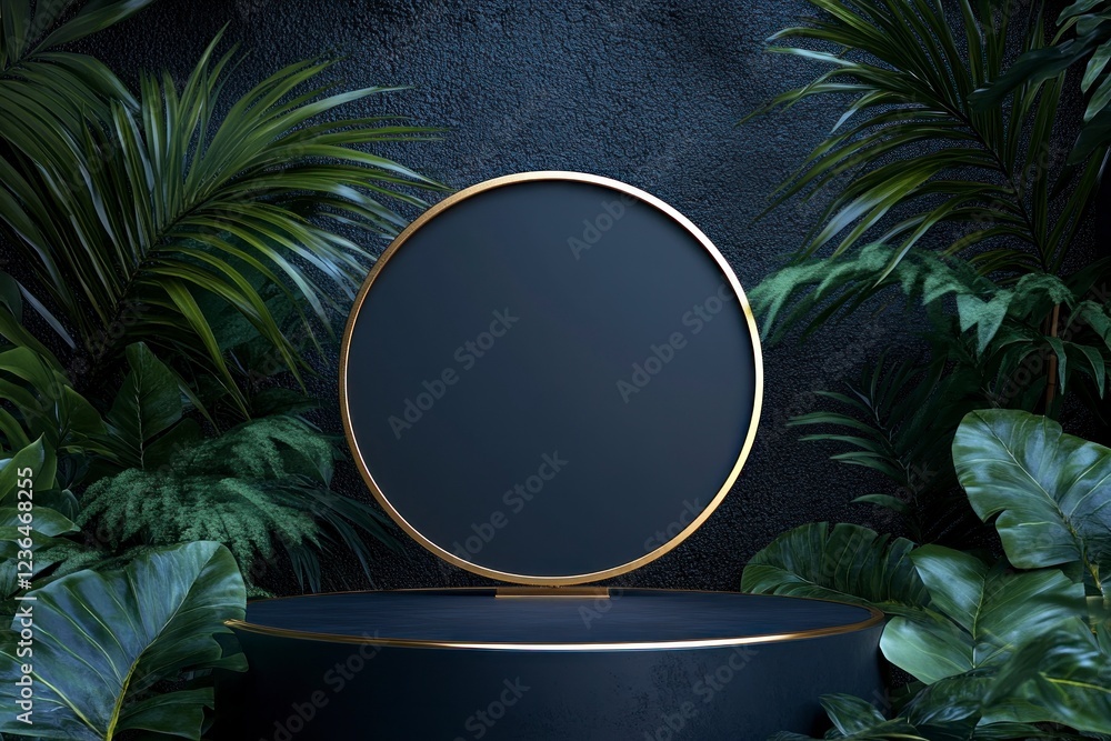 Poster 3d rendering of a luxury black podium with a golden circle and tropical leaves background for produc