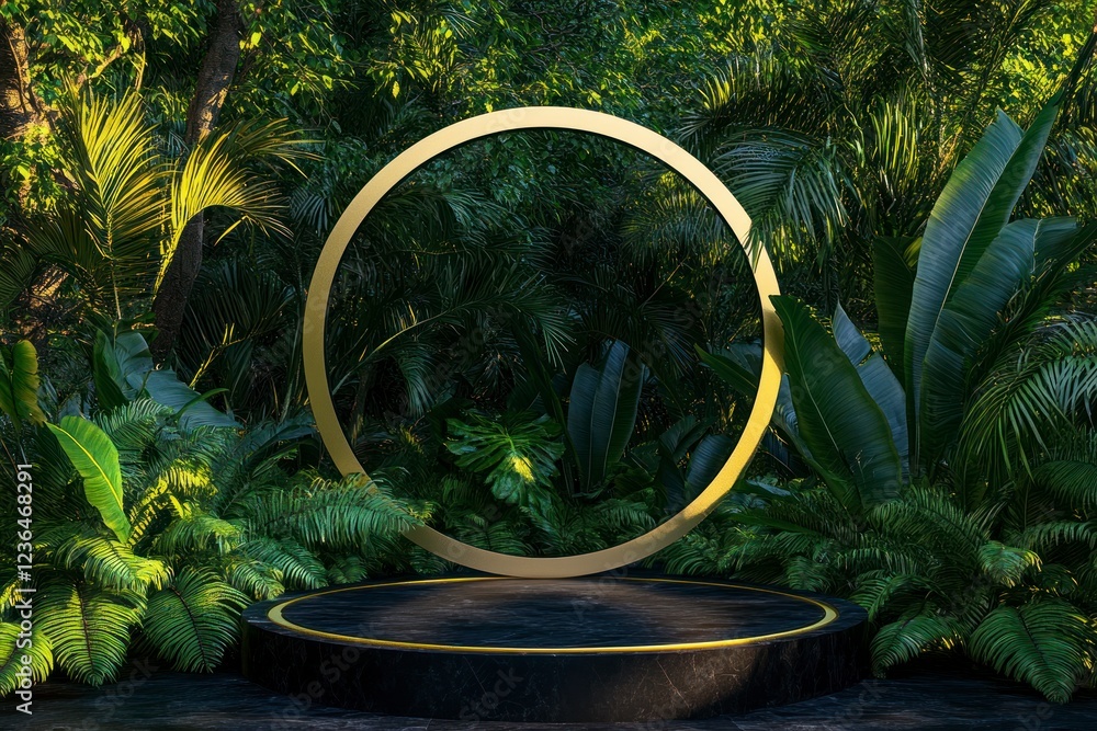 Poster 3d rendering of a luxury black podium with a golden circle and tropical leaves background for produc