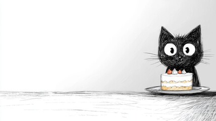  a black cat sitting on top of a table next to a plate with a cake on it The cake is decorated with colorful frosting and sprinkles, and the cat has a content expre