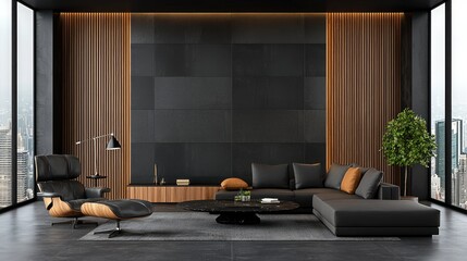 Modern apartment living room, city view, dark decor, relaxation