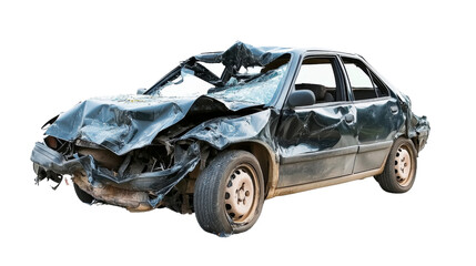 Wrecked car showing extensive damage after road accident on transparent background