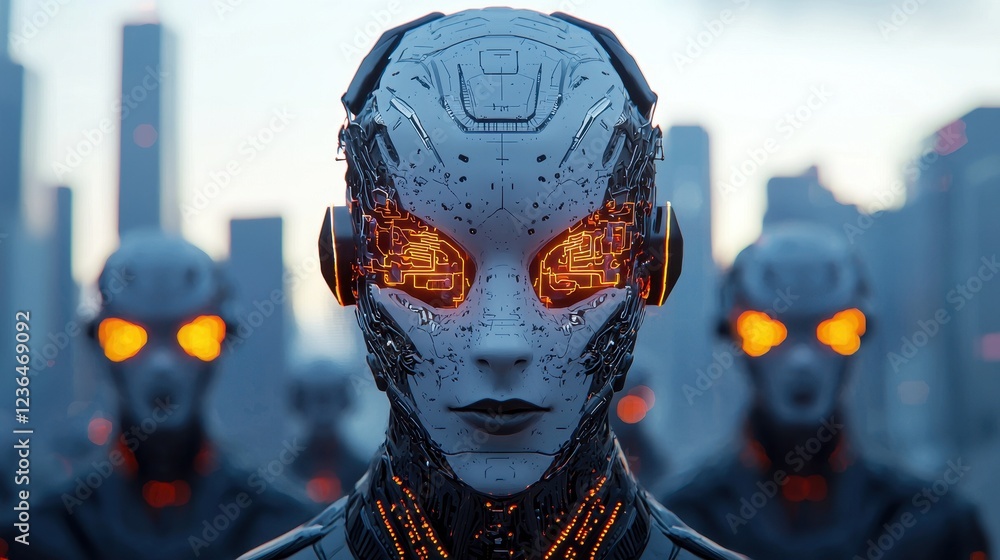 Poster futuristic android with glowing eyes in a high-tech urban setting