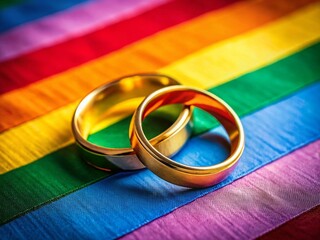 Wedding Rings on Rainbow Flag Celebrating Homosexual Marriage
