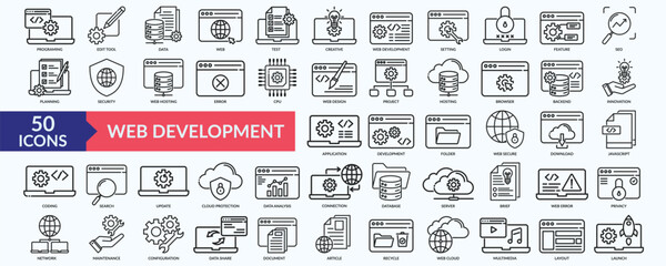 Web development icon collection set with programing, edit tool, feature, seo, innovation